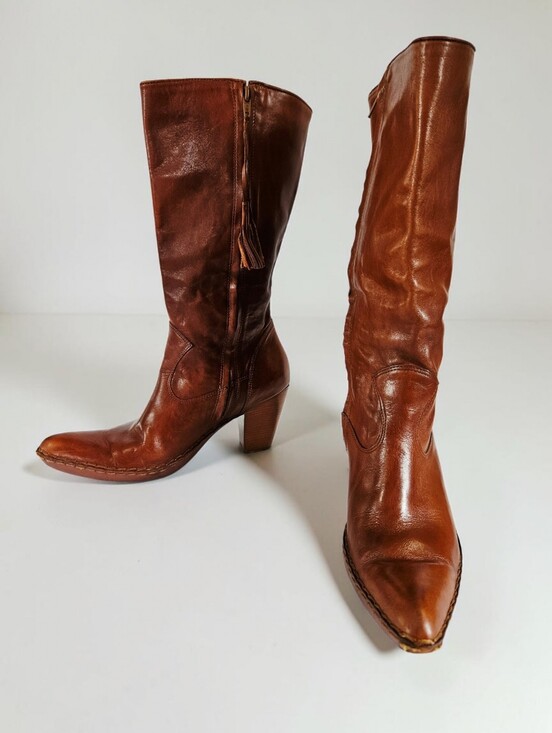 Frye Shoes - Vintage Frye Phoenix Cognac Brown Leather Stacked Heel Western Cowboy Boots 10